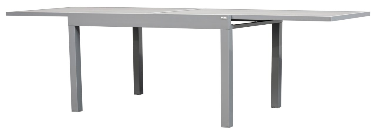 Moderner grauer Gartentisch aus Metall mit rechteckiger Tischplatte, seitliche Perspektive.