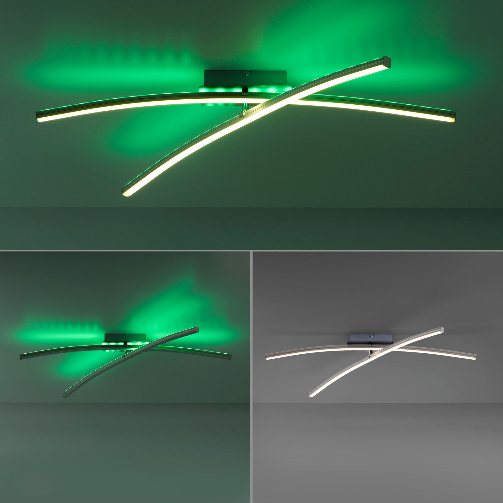 Moderne Deckenleuchte ALINA mit geschwungenem Design und grüner Beleuchtung, seitliche Perspektive.