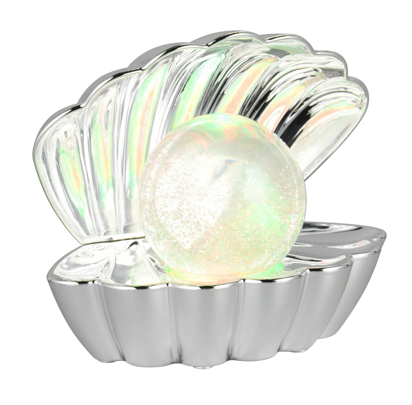 Silberne Muschel-Tischleuchte mit schimmernder Glaskugel, seitliche Perspektive