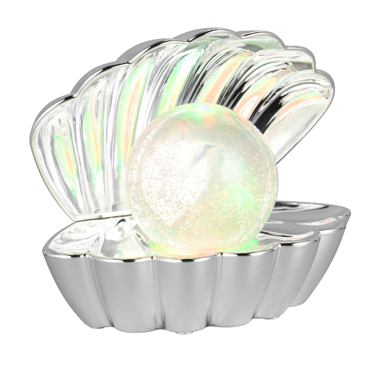 Silberne Muschel-Tischleuchte mit schimmernder Glaskugel, seitliche Perspektive