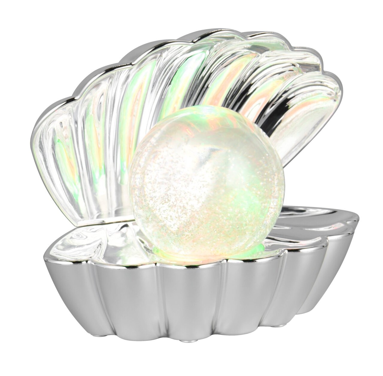 Silberne Muschel-Tischleuchte mit schimmernder Glaskugel, seitliche Perspektive