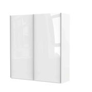 Weißer, zweitüriger Schwebetürenschrank aus seitlicher Perspektive