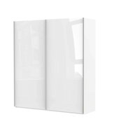 Weißer, zweitüriger Schwebetürenschrank aus seitlicher Perspektive