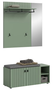 Modernes Garderoben-Set in Salbeigrün mit Wandpaneel, Ablage und Haken sowie passender Sitzbank mit gepolstertem Kissen, geriffelter Front und offenem Regalfach, gezeigt in schräger Frontansicht.