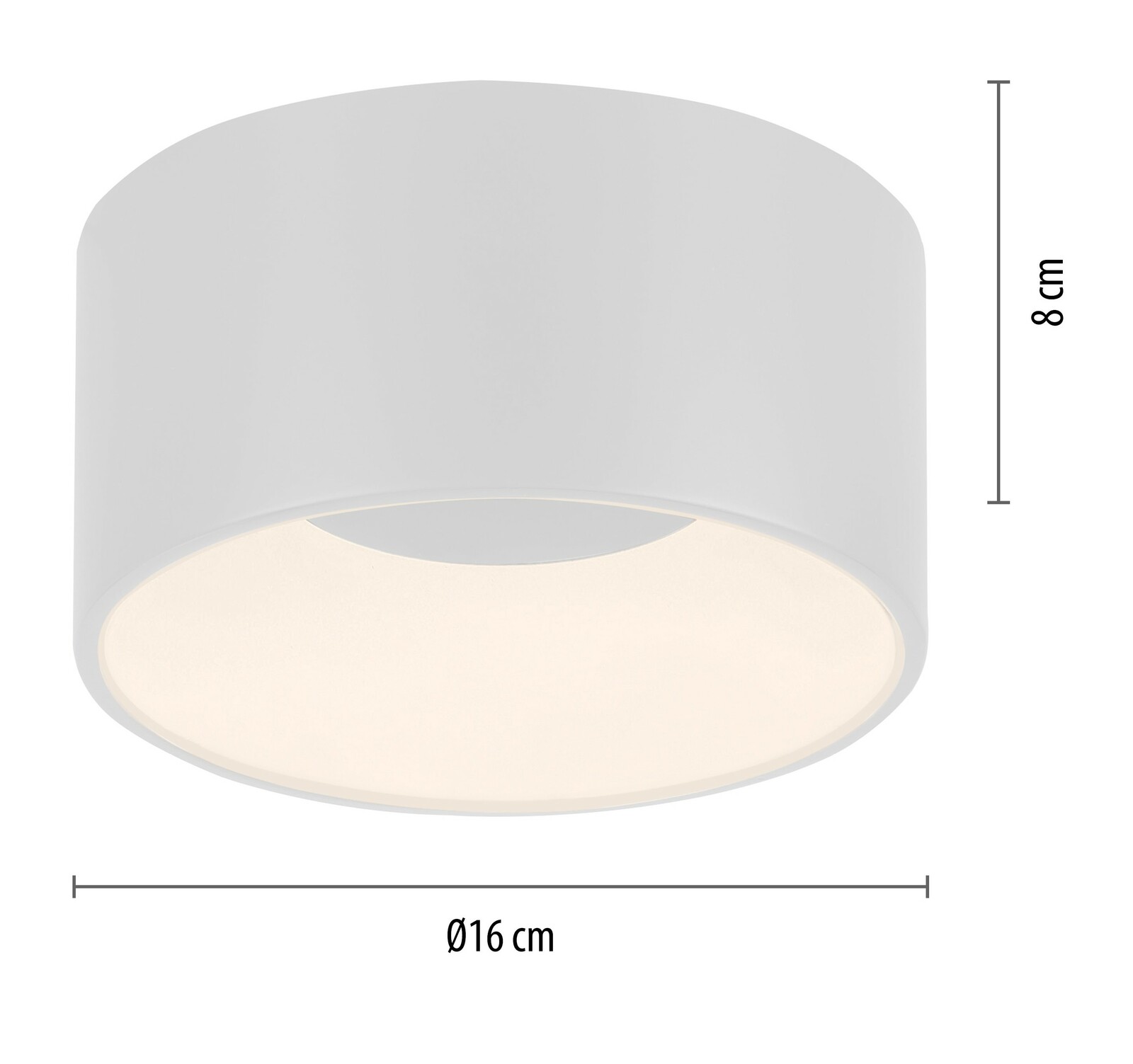Runde, weiße Deckenleuchte TANIKA mit einem Durchmesser von 16 cm und einer Höhe von 8 cm, seitliche Perspektive.