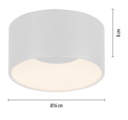 Runde, weiße Deckenleuchte TANIKA mit einem Durchmesser von 16 cm und einer Höhe von 8 cm, seitliche Perspektive.