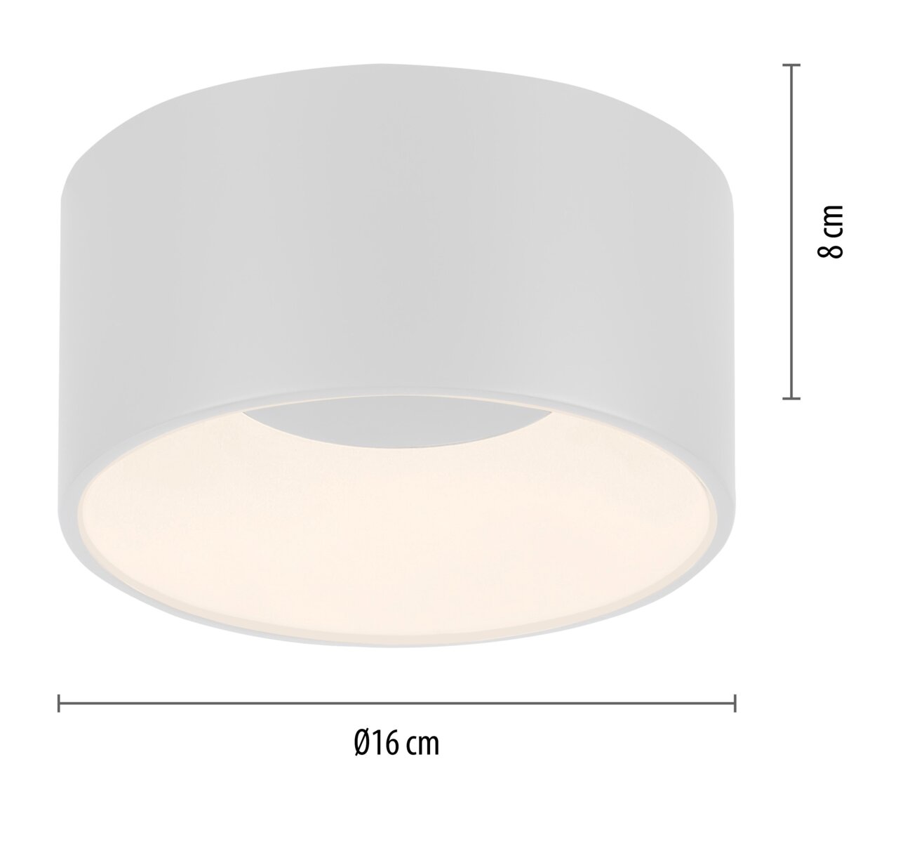 Ronde, witte plafondlamp TANIKA met een diameter van 16 cm en een hoogte van 8 cm, gezien vanaf de zijkant.