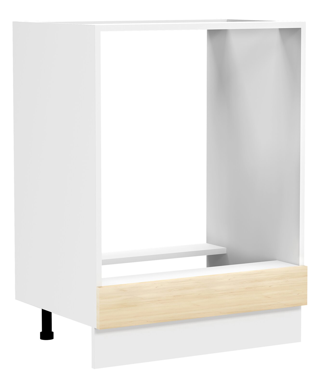 Weißer Möbelkorpus/Regalmodul mit offenem Fach und hellem Holzsockel auf schwarzem Fuß, freigestellt, Ansicht schräg von vorn