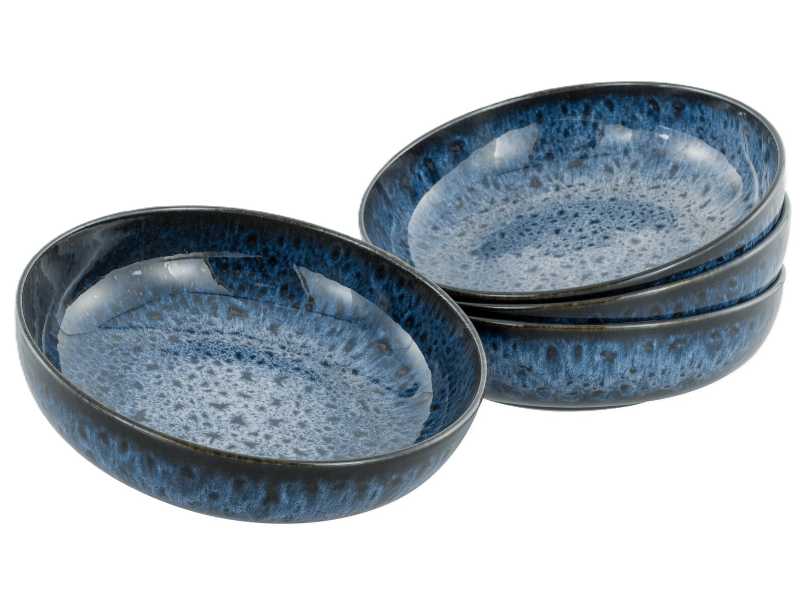 Creatable Poke Bowl 4-tlg. ALLROUND Drei stapelbare, ovale Keramikschalen in blau gesprenkelter Glasur, schräg von oben auf weißem Hintergrund fotografiert