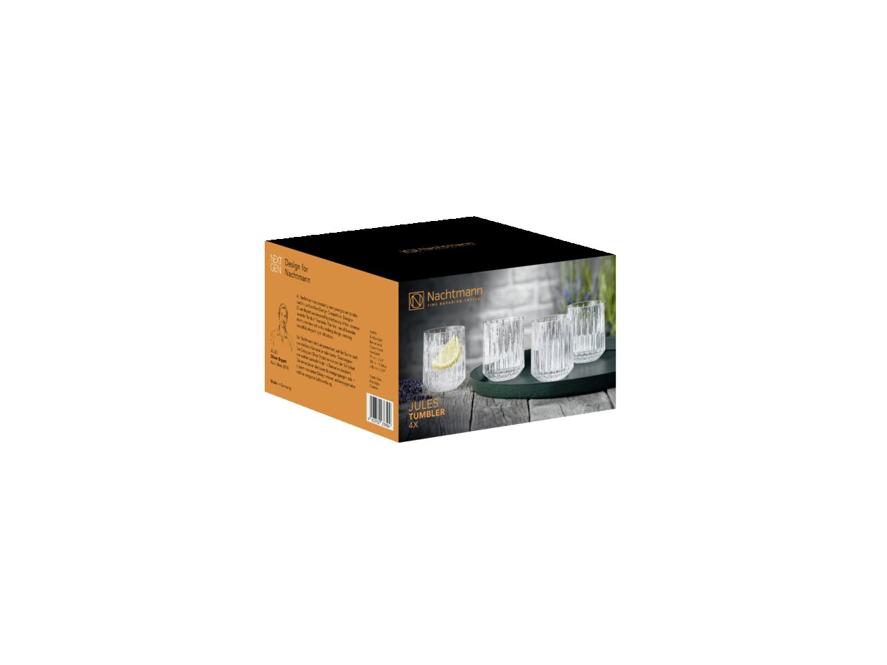 Verpackung des 4-teiligen Becher-Sets 'Jules' von Nachtmann, schräg von vorne fotografiert.