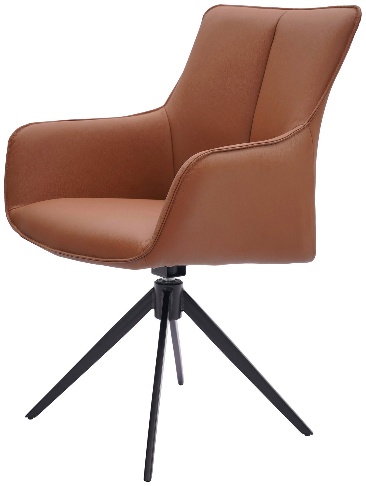 Brauner Armlehnstuhl mit schwarzem Metallgestell, seitliche Perspektive