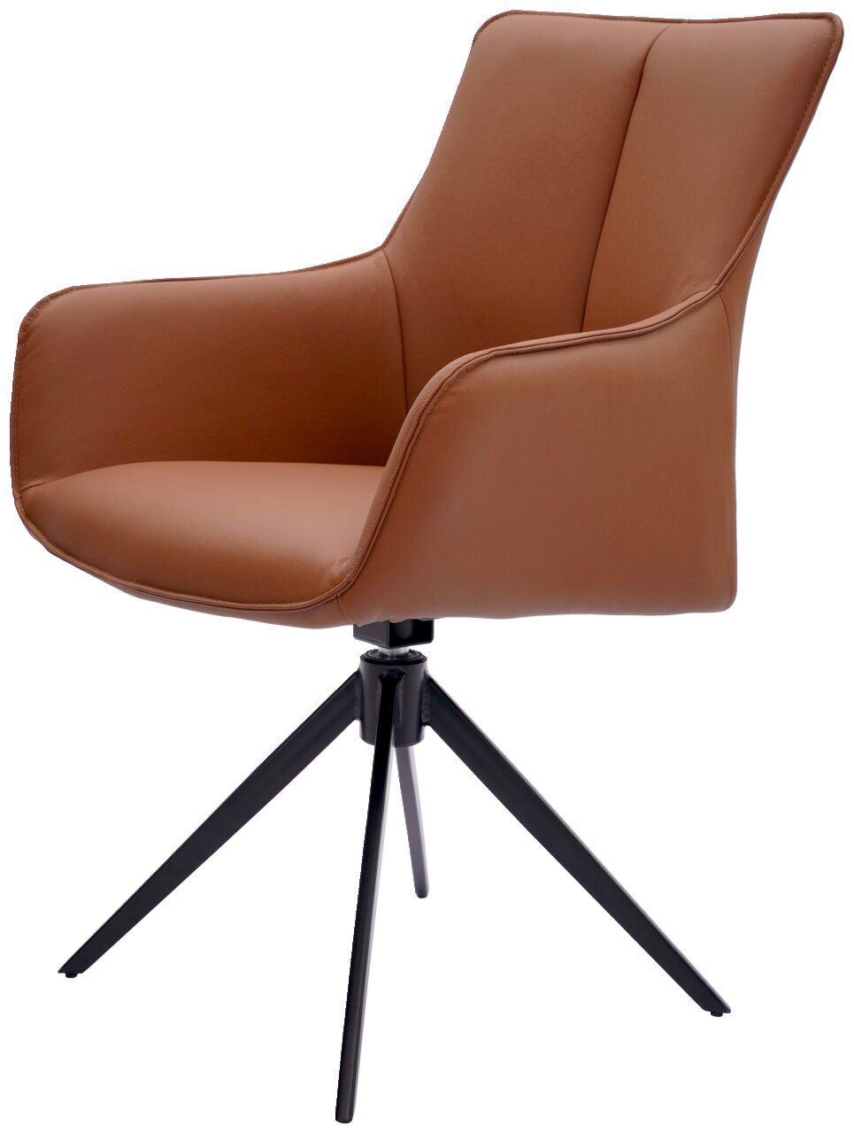 Brauner Armlehnstuhl mit schwarzem Metallgestell, seitliche Perspektive