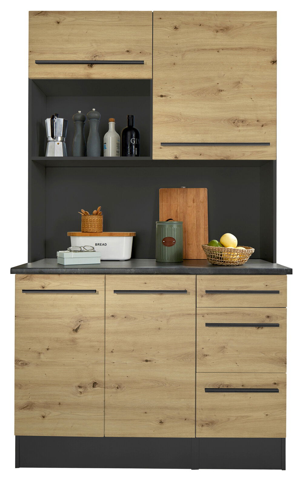Yourkitchen Buffet-Schrank JAZZ Frontansicht eines modernen Buffet-Schranks mit Holzoptik und dunklen Akzenten, ausgestattet mit Regalen und Schubladen, dekoriert mit Küchenutensilien.