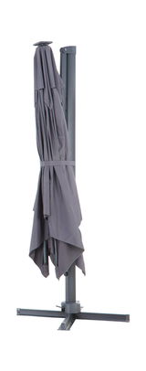 Geschlossener Ampelschirm in seitlicher Perspektive mit stabilem Standfuß.