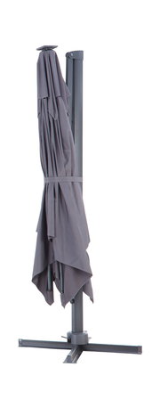 Geschlossener Ampelschirm in seitlicher Perspektive mit stabilem Standfuß.