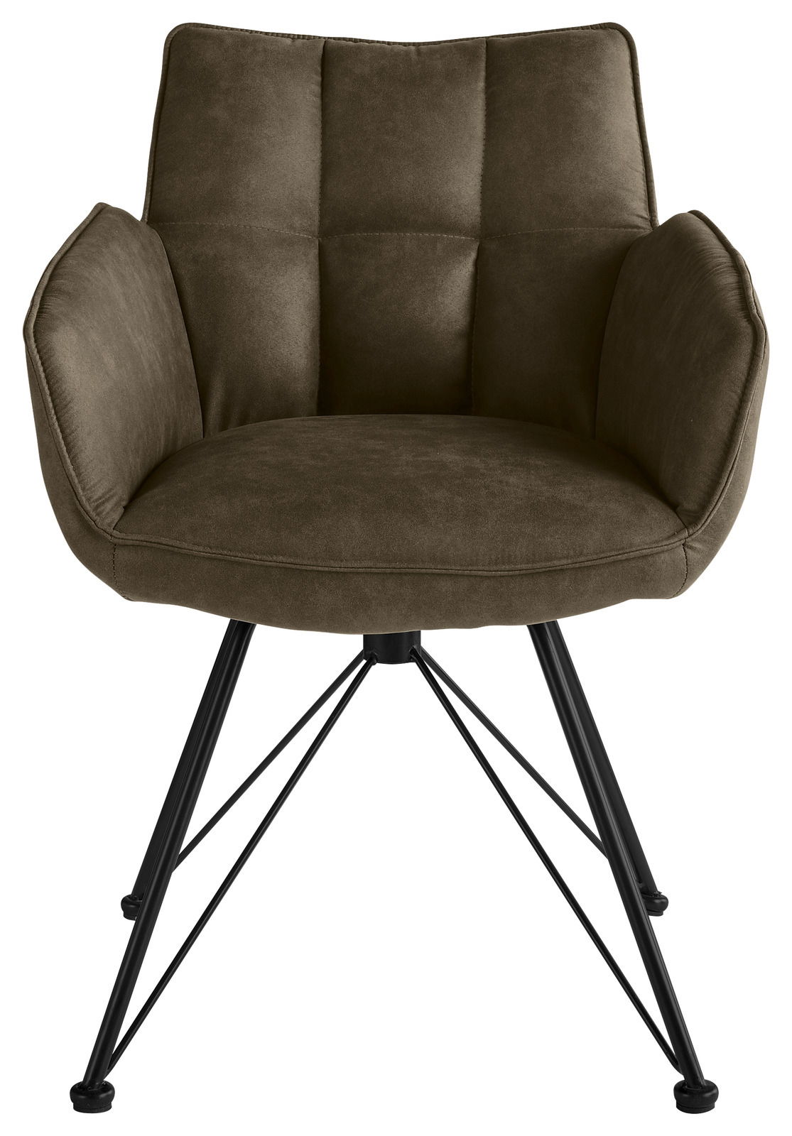 Moderner Armlehnstuhl mit olivgrünem Stoffbezug und schwarzen Metallbeinen, Vorderansicht