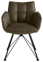 Moderner Armlehnstuhl mit olivgrünem Stoffbezug und schwarzen Metallbeinen, Vorderansicht