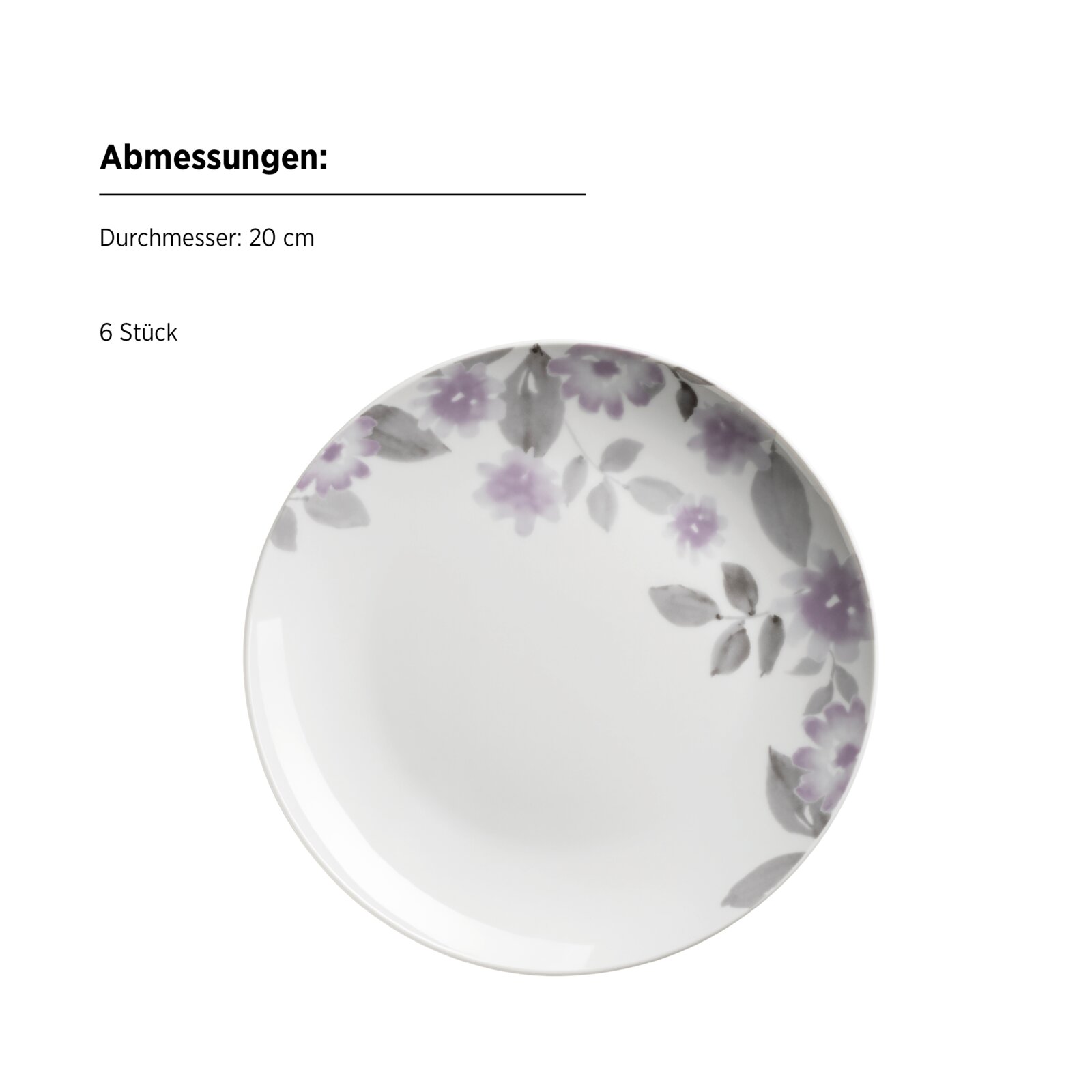 Weißer Speiseteller mit lila-grauem Blumenmuster, Durchmesser 20 cm (6 Stück), Draufsicht von oben auf weißem Hintergrund