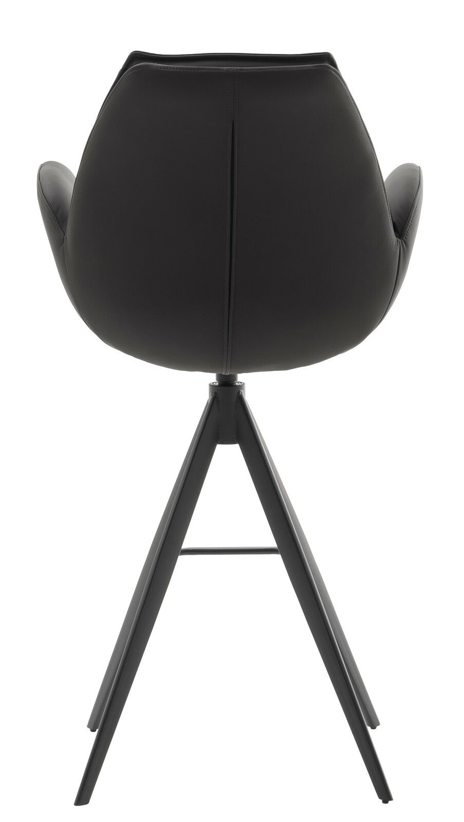 Rückansicht eines modernen schwarzen Barstuhls mit gepolsterter Rückenlehne und Metallbeinen.