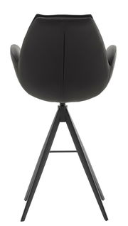 Rückansicht eines modernen schwarzen Barstuhls mit gepolsterter Rückenlehne und Metallbeinen.