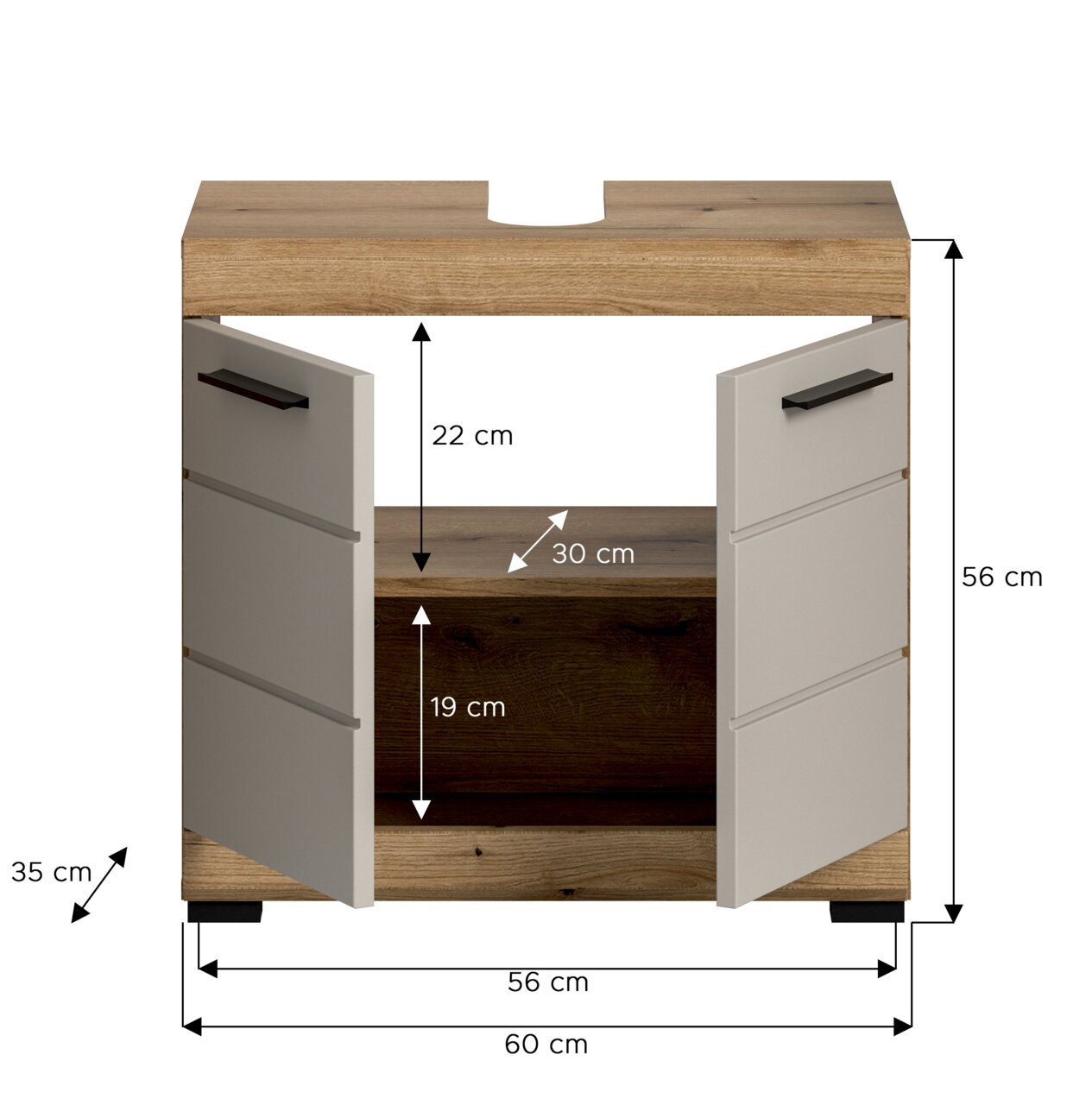 Waschbecken-Unterschrank in Holzoptik mit zwei geöffneten grauen Türen und schwarzen Griffen, Maße ca. 60×56×35 cm, Frontansicht leicht schräg von vorn.