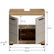 Waschbecken-Unterschrank in Holzoptik mit zwei geöffneten grauen Türen und schwarzen Griffen, Maße ca. 60×56×35 cm, Frontansicht leicht schräg von vorn.
