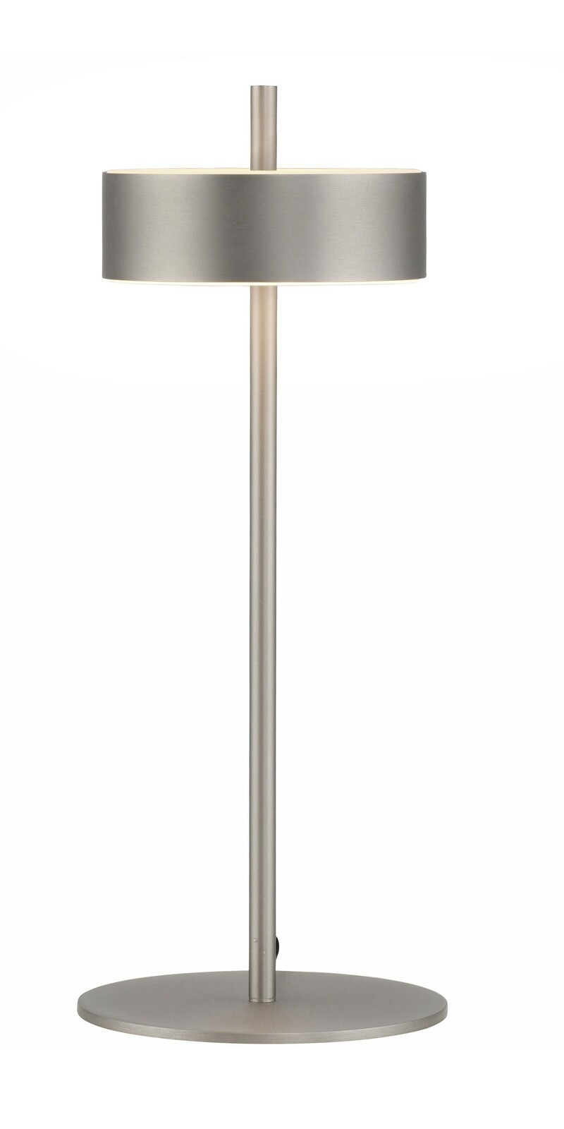 Moderne Tischleuchte Q-ROTATE in gebürstetem Metall, seitliche Perspektive