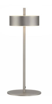 Moderne Tischleuchte Q-ROTATE in gebürstetem Metall, seitliche Perspektive