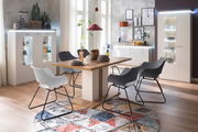 Esszimmer mit modernem Esstisch und Stühlen, umgeben von stilvollen Vitrinen und Sideboards, Perspektive von vorne.