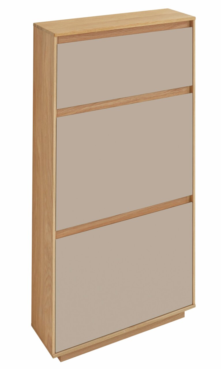Schuhschrank VOSS Serie V100, 62 cm, in Holzoptik mit drei Klappen, seitliche Perspektive