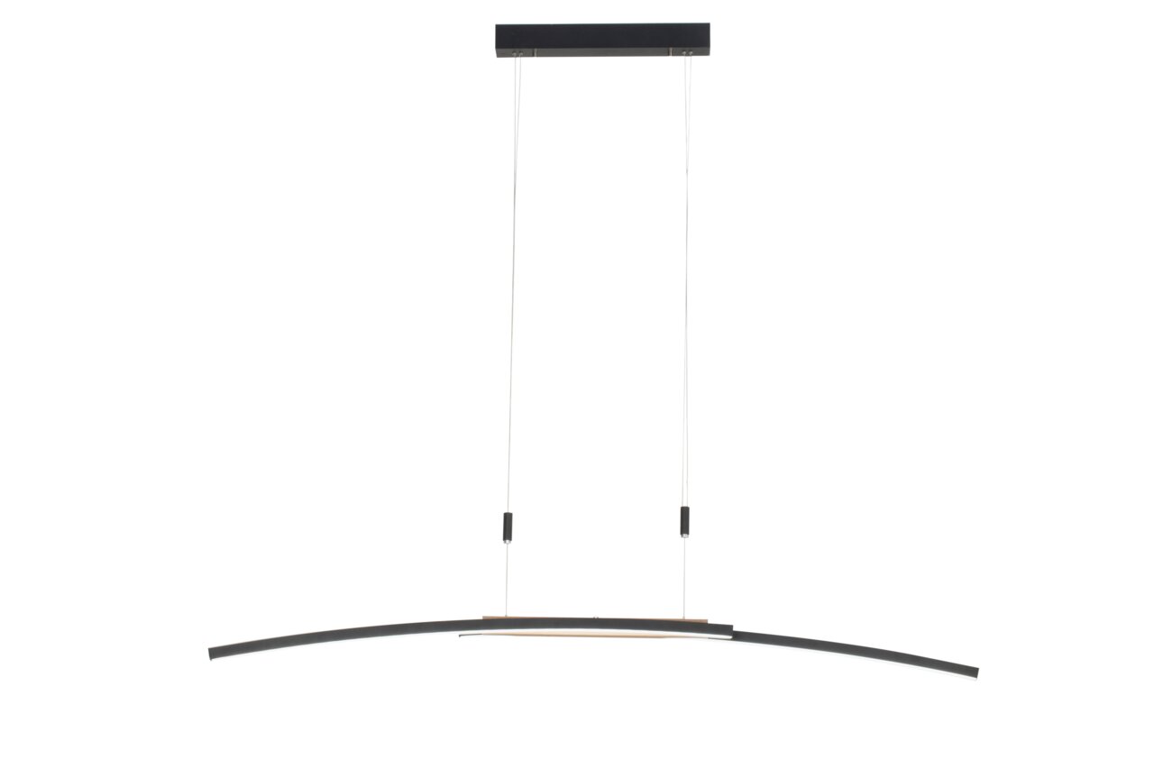 Moderne LED-Hängeleuchte in schwarzem Design, frontal abgebildet.