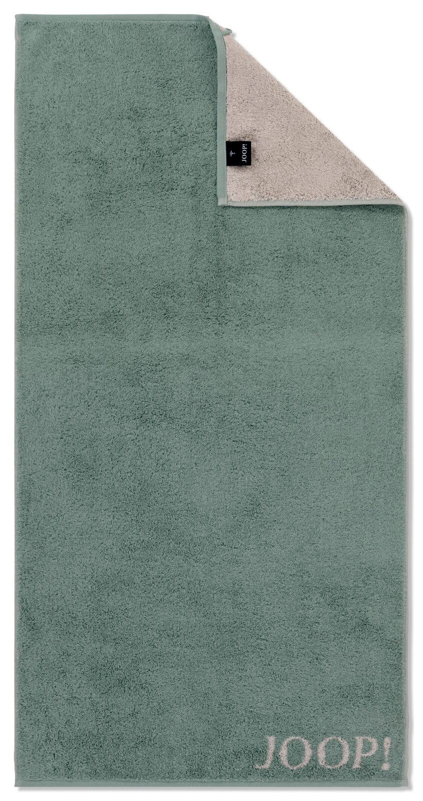 JOOP! Handtuch DOUBLEFACE Grünes Handtuch mit beiger Rückseite und aufgesticktem 'JOOP!' Logo, aus der Vogelperspektive fotografiert.
