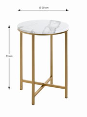 Runder Beistelltisch mit weißer Marmoroptik-Tischplatte und goldfarbenem Metallgestell, seitliche Perspektive.