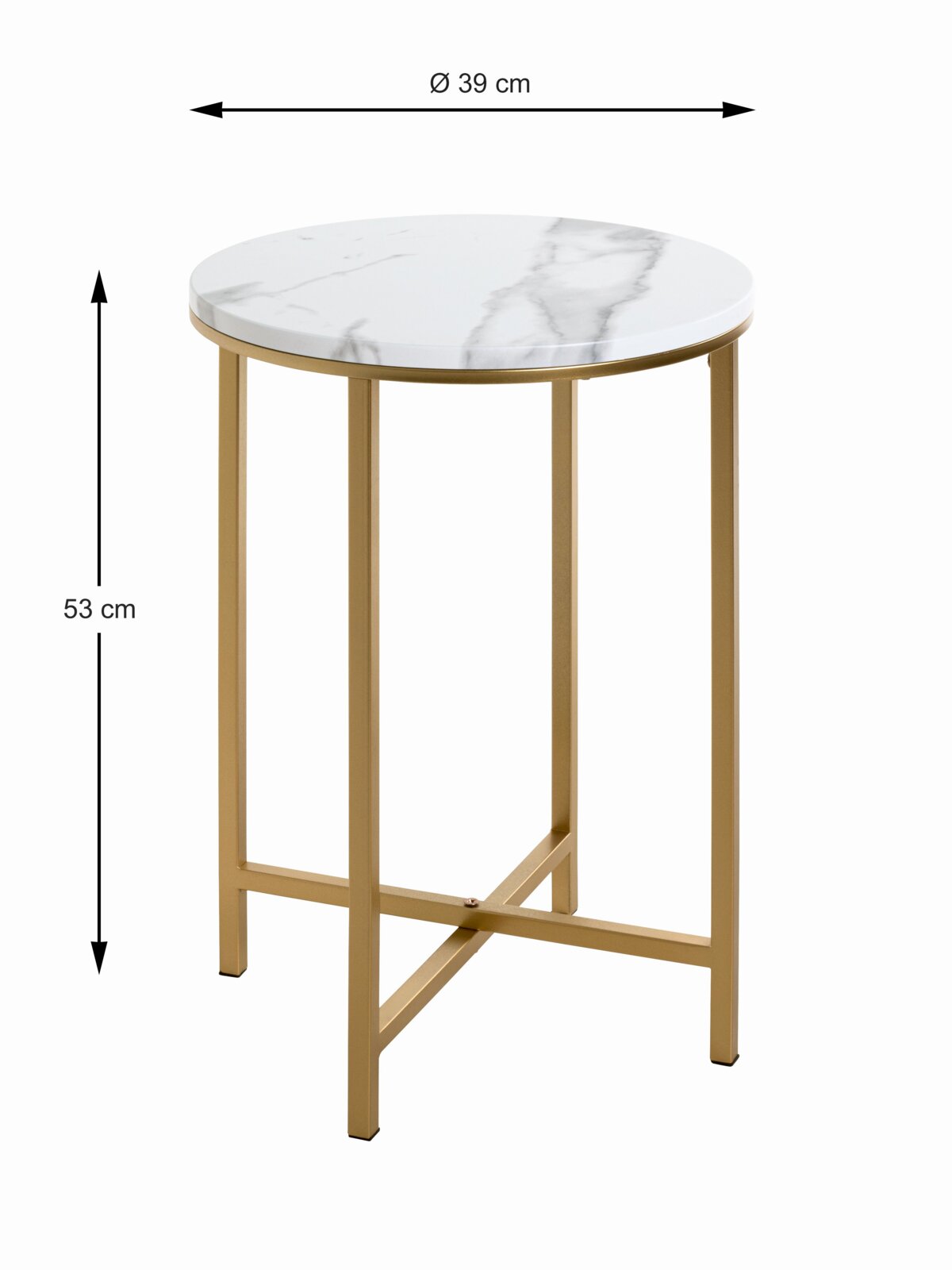 Runder Beistelltisch mit weißer Marmoroptik-Tischplatte und goldfarbenem Metallgestell, seitliche Perspektive.