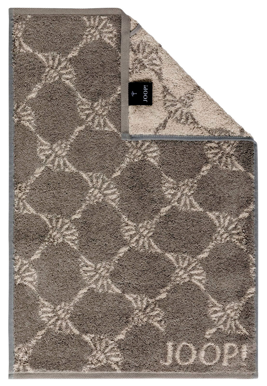 Gästetuch mit grauem geometrischem Muster und eingewebtem Logo, Draufsicht