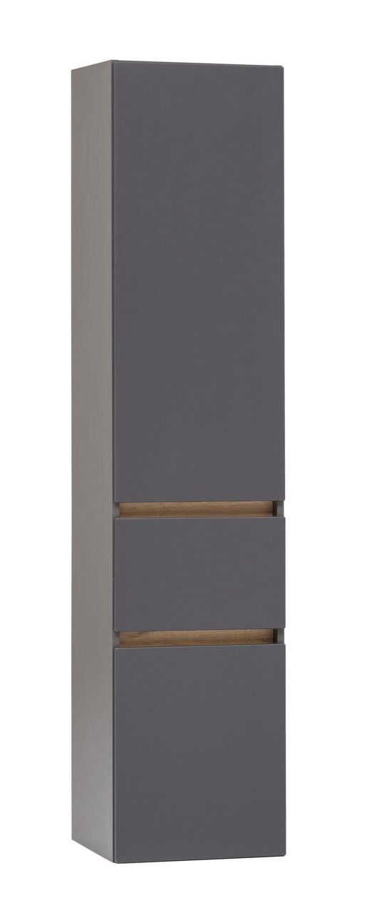 Moderner Hochschrank in dunklem Grau mit Holzdetails, seitliche Perspektive