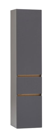 Moderner Hochschrank in dunklem Grau mit Holzdetails, seitliche Perspektive