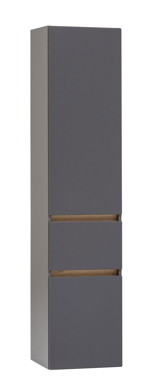 Moderner Hochschrank in dunklem Grau mit Holzdetails, seitliche Perspektive