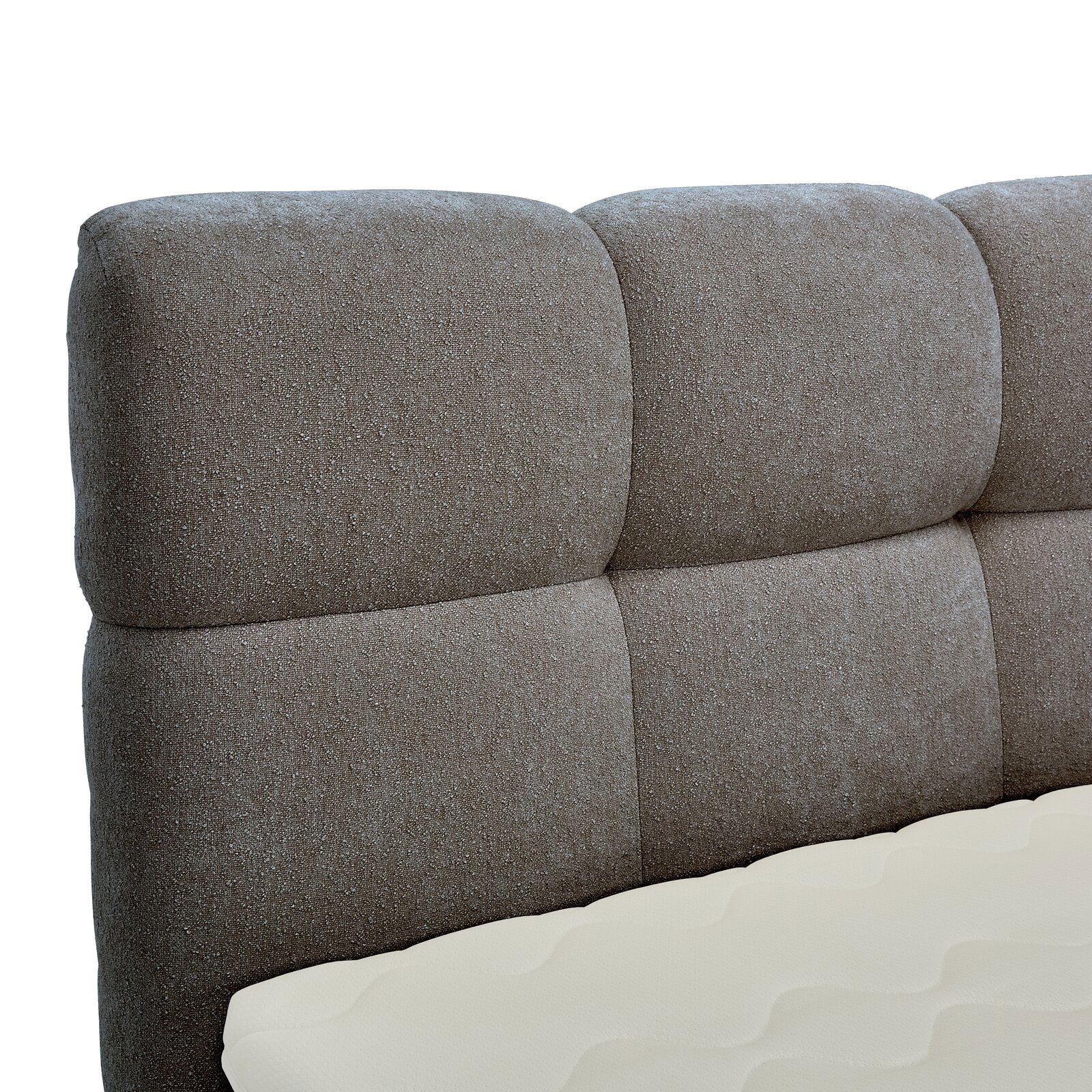 Nahaufnahme eines gepolsterten Boxbett-Kopfteil in grauer Farbe, seitliche Perspektive