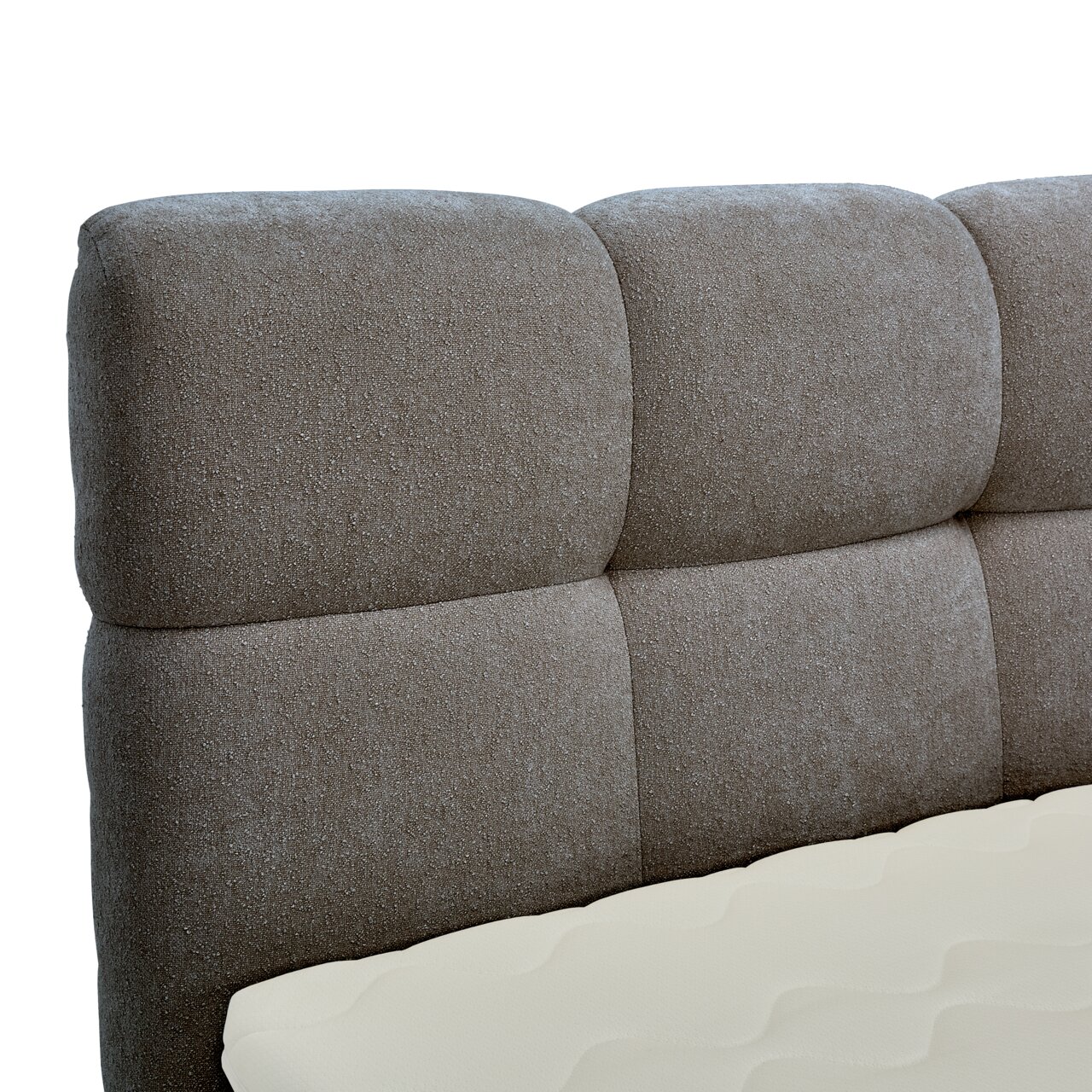 Nahaufnahme eines gepolsterten Boxbett-Kopfteil in grauer Farbe, seitliche Perspektive