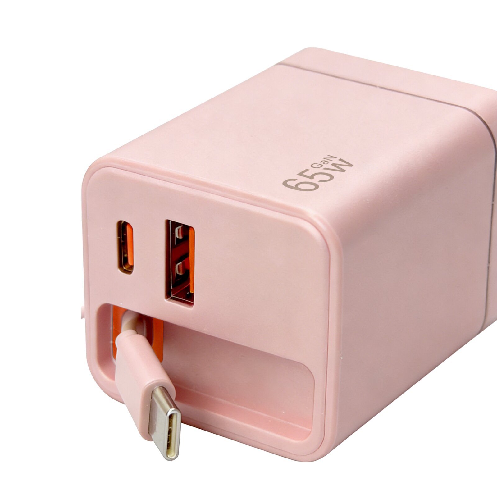 Rosa 65W GaN USB-Ladegerät mit USB-C- und USB-A-Anschluss, schräg von vorne auf die Ports fotografiert, USB-C-Kabel eingesteckt