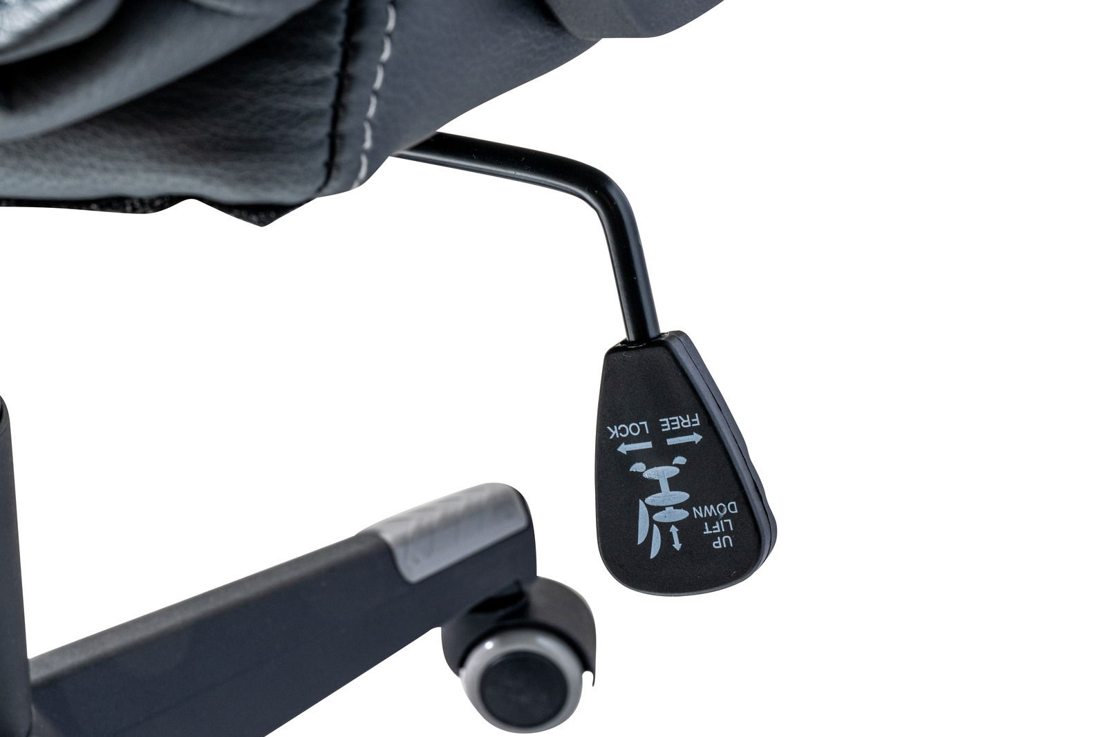 Nahaufnahme eines Hebels an einem Gaming-Stuhl, der die Funktionen 'Free Lock' und 'Lift Up/Down' zeigt.