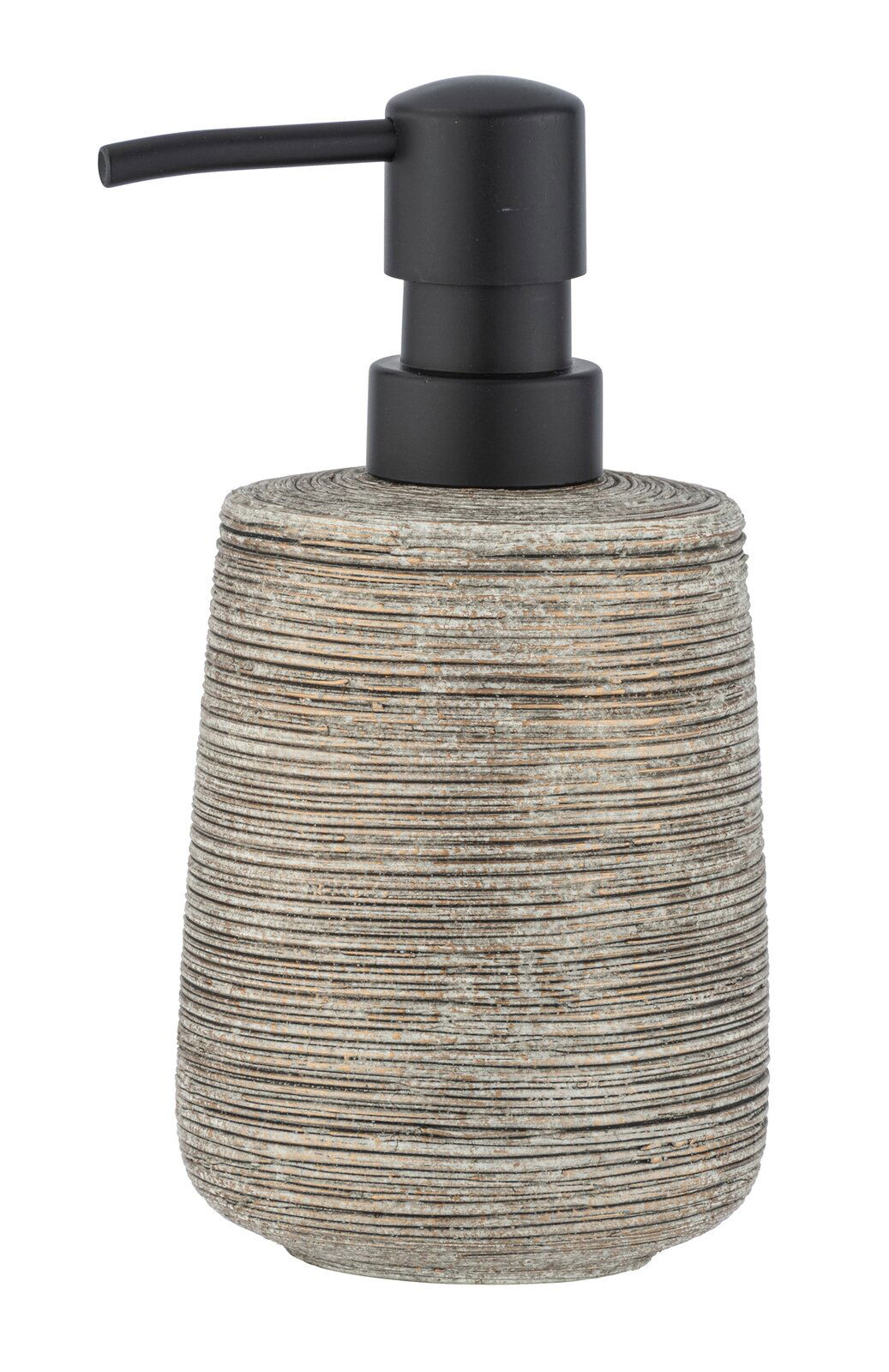 Keramik Seifenspender mit geriffelter Oberfläche und schwarzem Pumpkopf, seitliche Perspektive