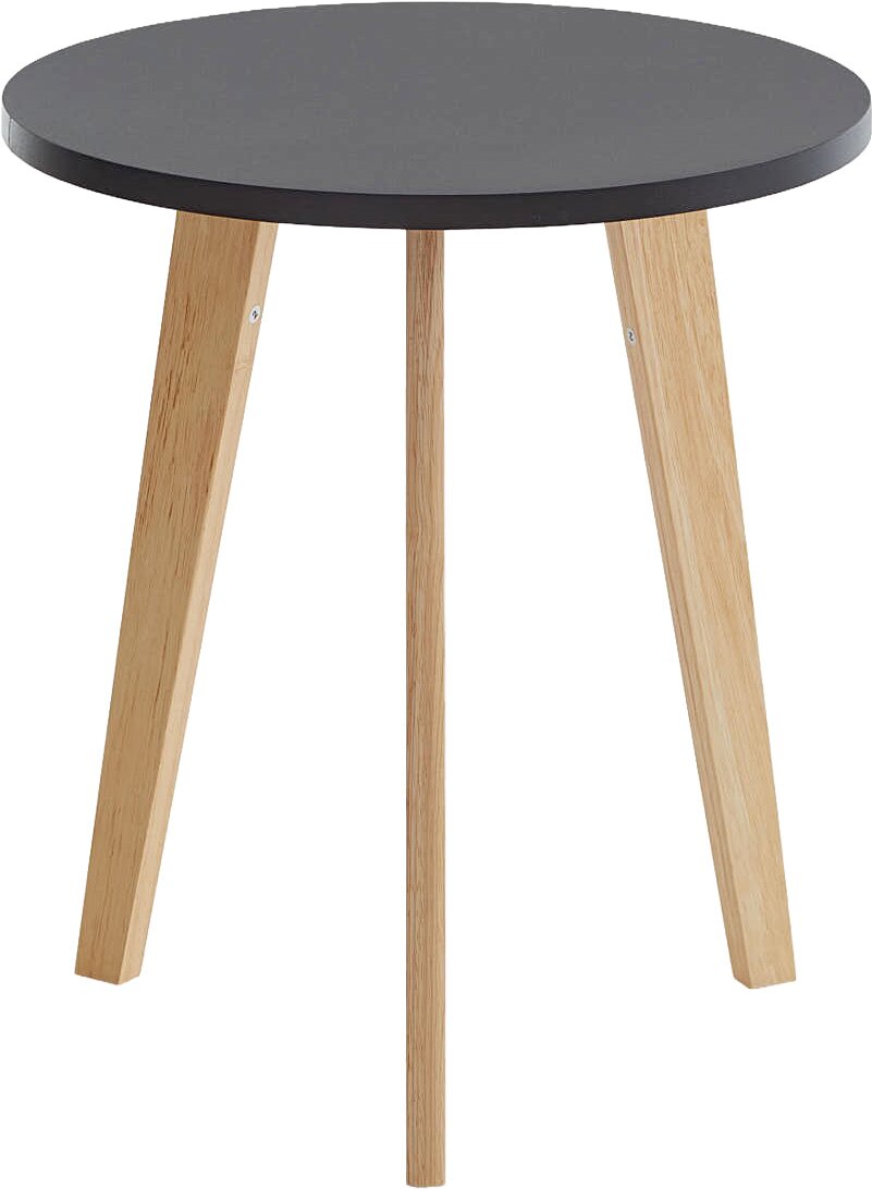 Runder Beistelltisch mit schwarzer Tischplatte und hellen Holzbeinen im skandinavischen Design, freigestellt auf weißem Hintergrund, Ansicht leicht von oben schräg von vorne