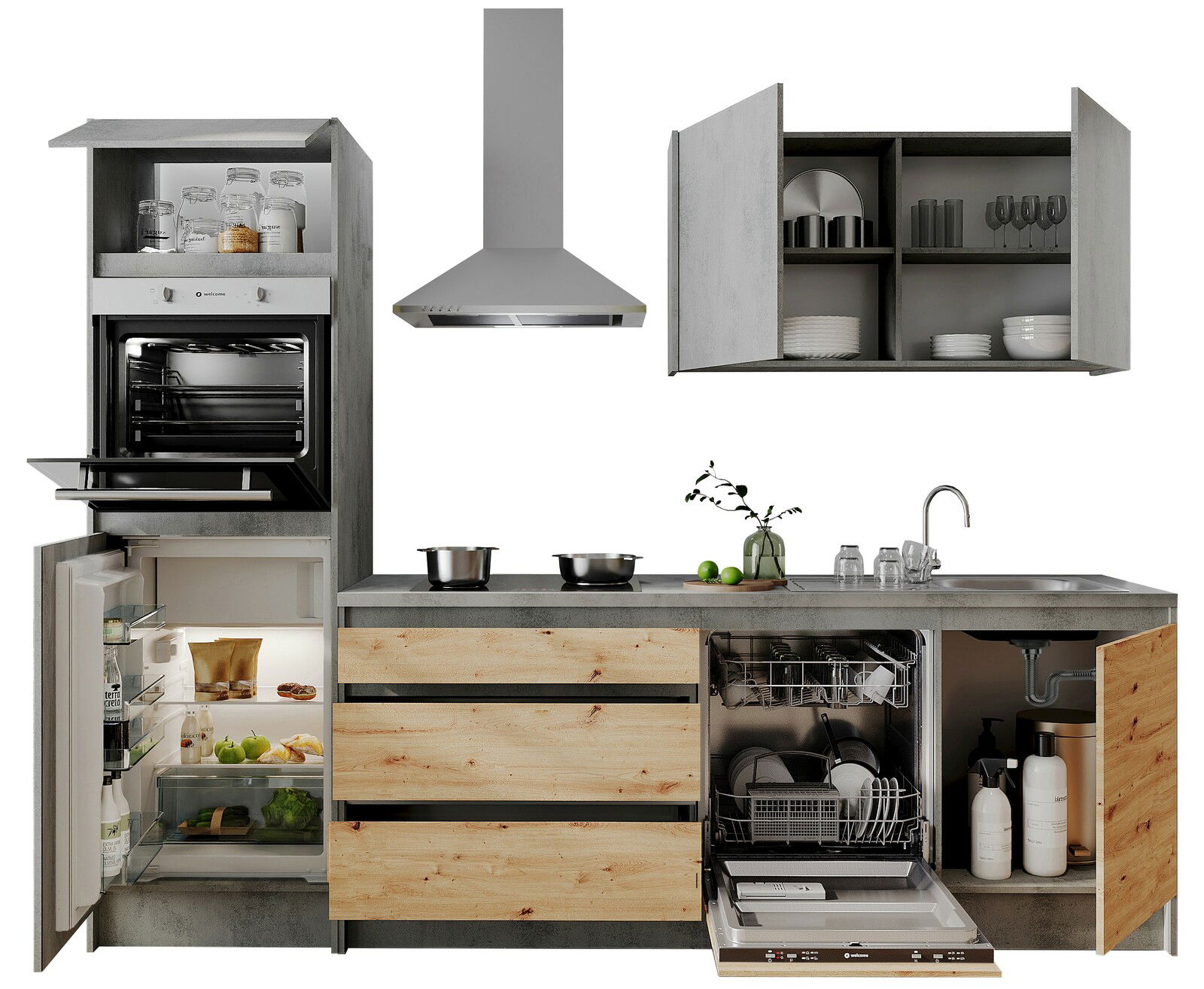 Moderne Küchenzeile mit grauen und holzfarbenen Elementen, bestehend aus Kühlschrank, Backofen, Dunstabzugshaube, Spüle und Geschirrspüler. Frontale Ansicht.