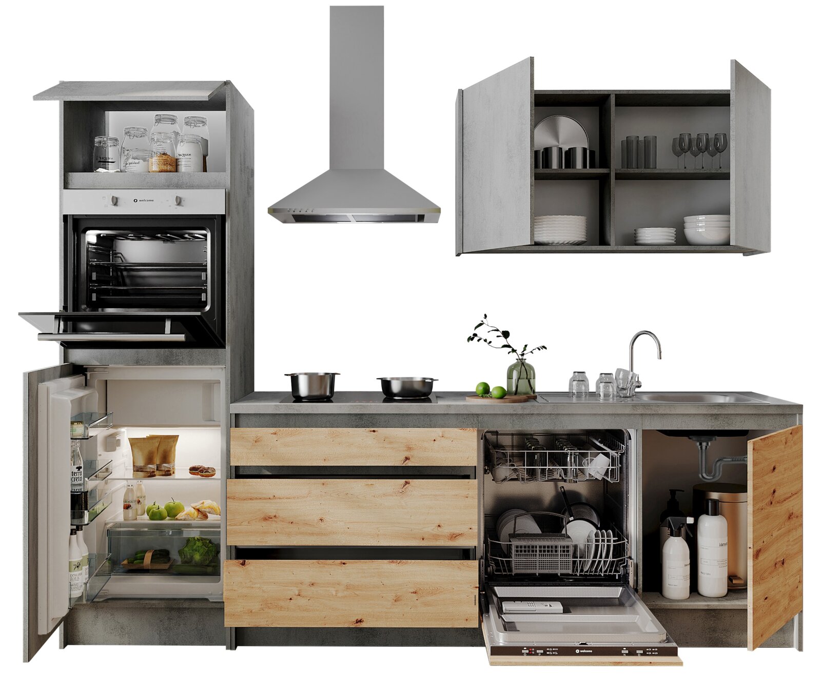 Moderne keukenblok met grijze en houtkleurige elementen, bestaande uit een koelkast, oven, afzuigkap, spoelbak en vaatwasser. Vooraanzicht.