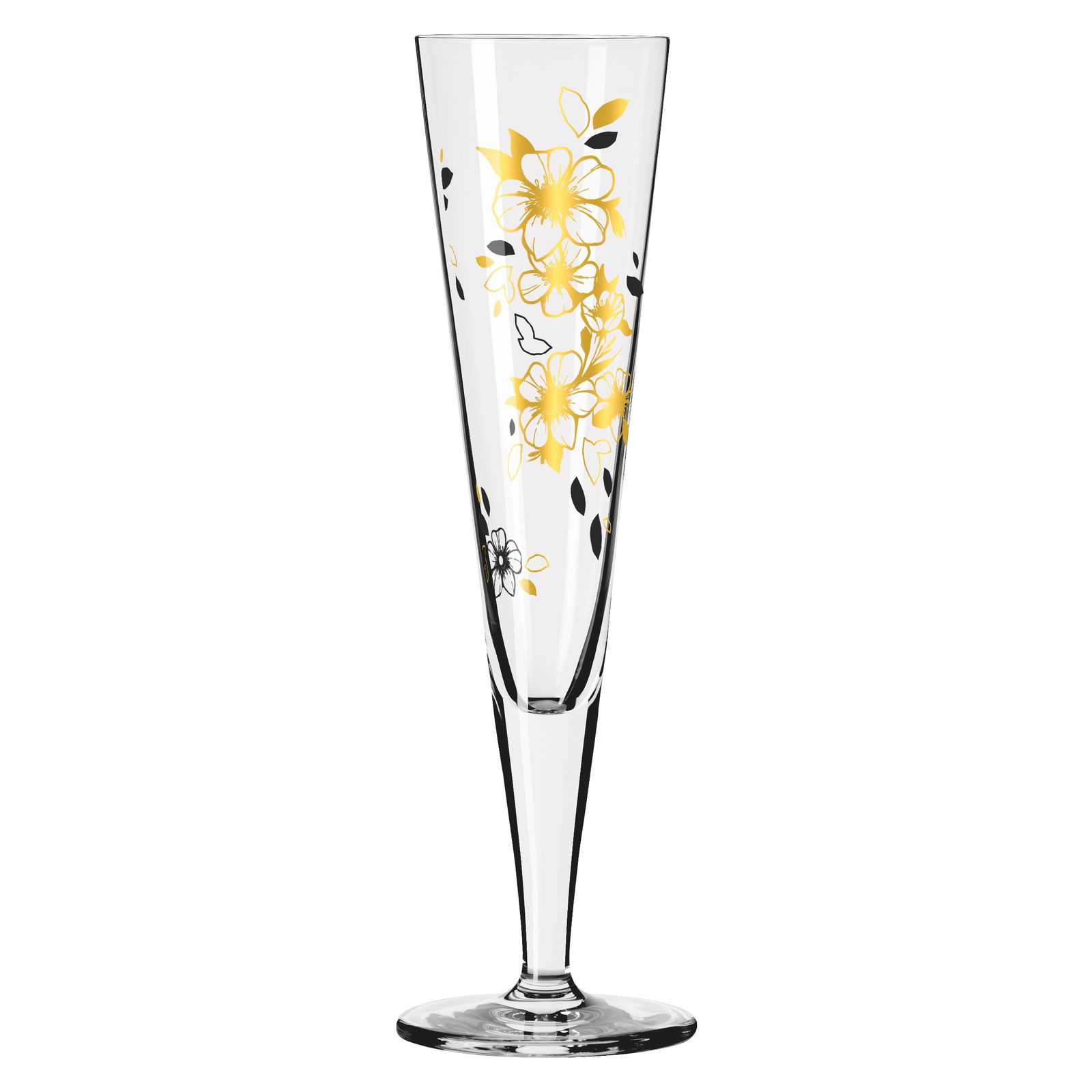 Champagnerglas mit goldenen und schwarzen Blumenmotiven, seitliche Perspektive