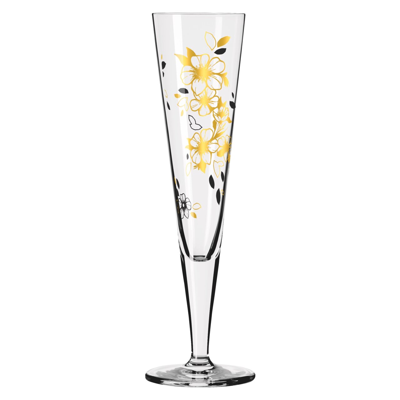 Champagn glas met gouden en zwarte bloemmotieven, zijaanzicht
