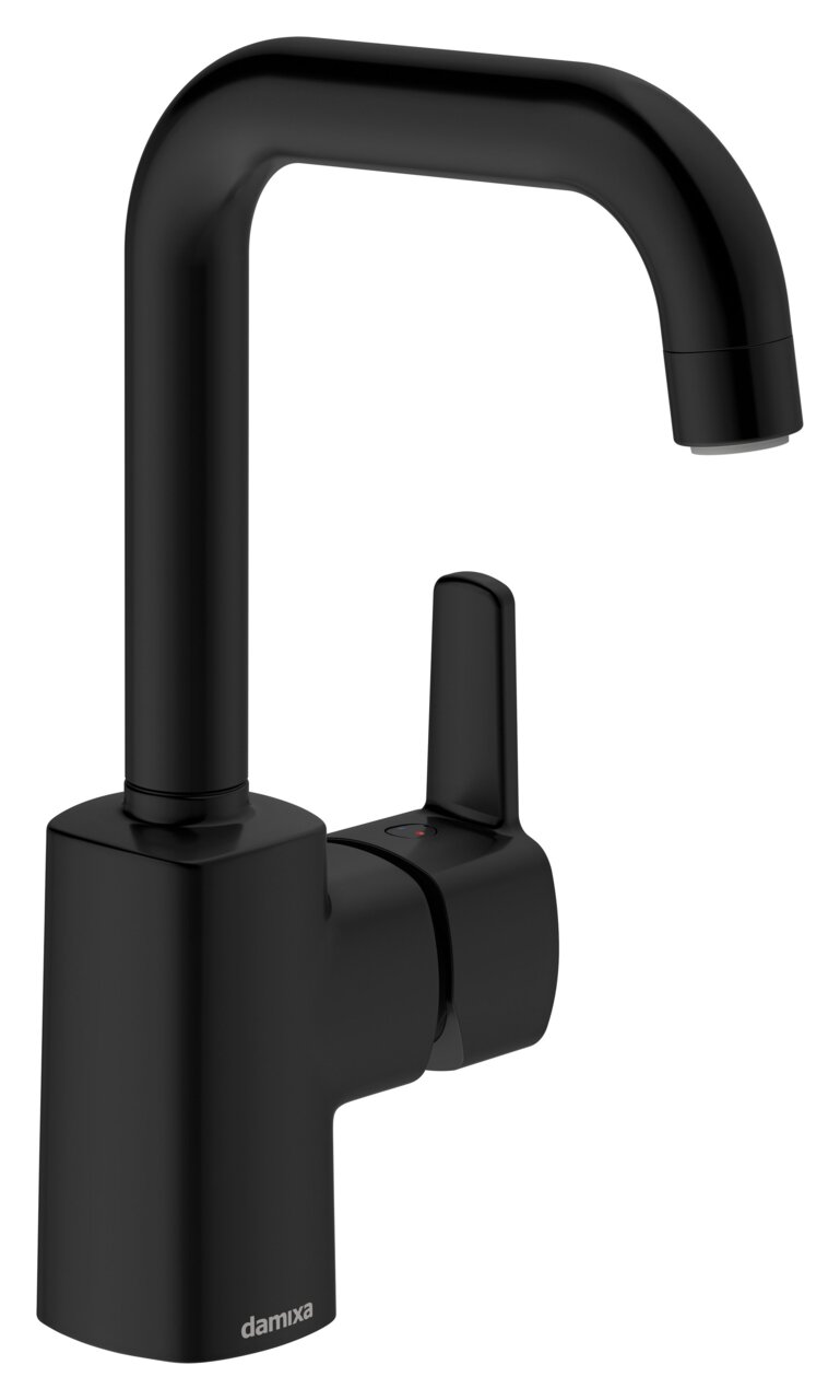 Schwarze Waschtischarmatur mit modernem Design, seitliche Ansicht
