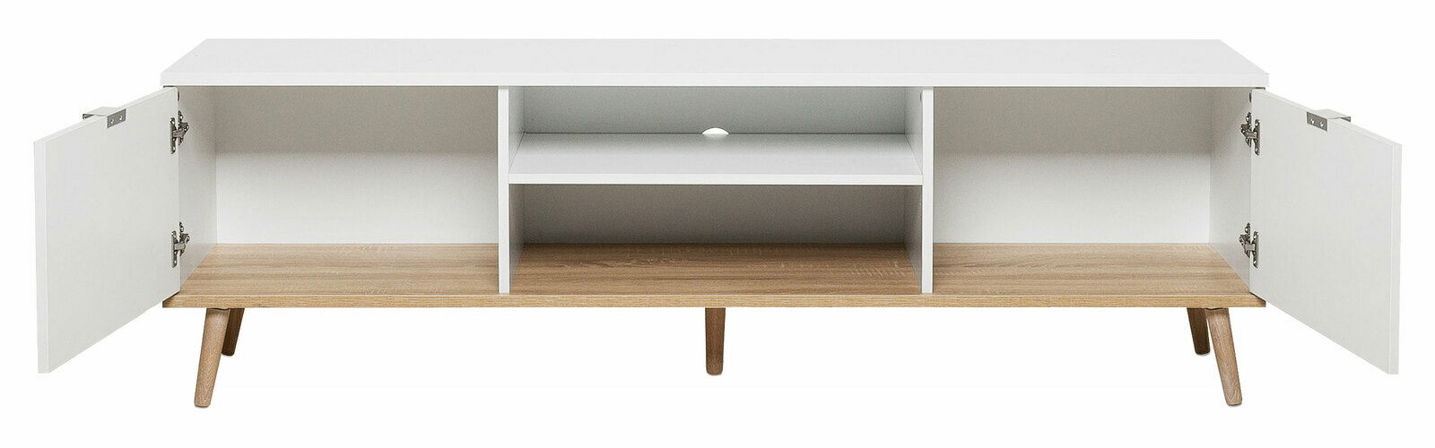 TV-Lowboard in Weiß mit offenen Türen, Holzbeinen und mehreren Fächern, frontale Ansicht